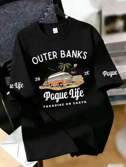 เสื้อยืดคอกลมแขนสั้นพิมพ์ลายกราฟิก Outer Bank, ดีไซน์มินิมอลสำหรับใส่ในชีวิตประจำวัน สีดำ
