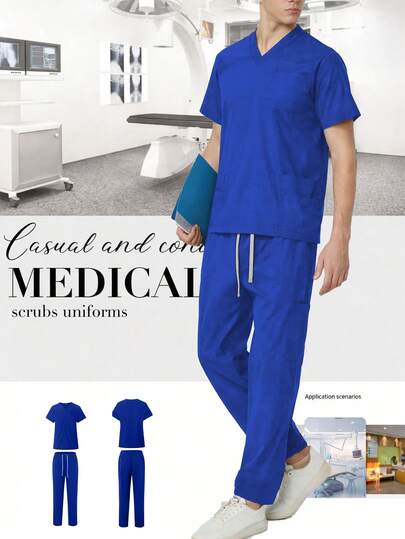 Black V-Neck Short Sleeve Scrub Set, Medical Uniform For Doctors And Nurses