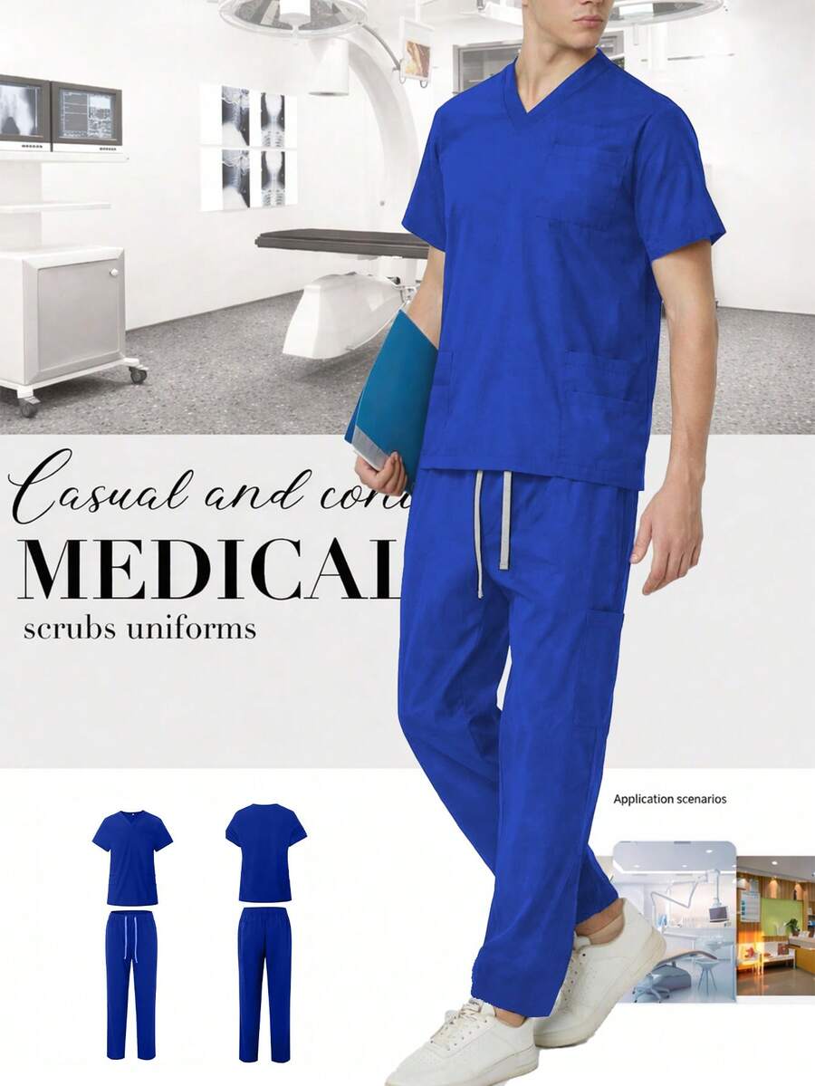 Black V-Neck Short Sleeve Scrub Set, Medical Uniform For Doctors And Nurses - Blue - View 1