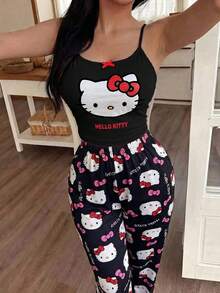 SANRIO 2件組 女款可愛印花舒適細肩帶背心上衣 + 長褲套裝，適合春、夏、秋季穿著的舒適背心上衣 - 黑色 - 查看 2