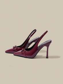 Giày cao gót mũi nhọn thanh lịch cỡ nhỏ dành cho nữ, cao 9.5cm, kiểu dáng slip-on, trang trí màu đỏ tía ánh kim, phù hợp cho đi làm, dự tiệc, đi làm hàng ngày. - Màu Đỏ Sâu - Xem 2