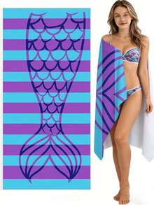 1pc/70cm*150cm Mermaid Tail Striped Beach Towel, Purple & Teal Scales Pattern Extra Large Beach Blanket, Soft Quick-Dry Non-Stick Sand Microfiber Beach Towel, Suitable For Vacation, Pool - Mermaid Tail - View 3