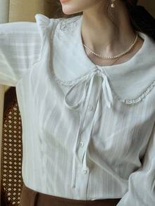 Women's Rayon Peter Pan Collar Long Sleeve Blouse With Tie Detail, Regular Length Top - White - View 10