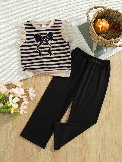2pcs/Set Girls Casual Outdoor Fashion Printed Striped Bow Decor Sleeveless Top And Long Pants Set, Summer