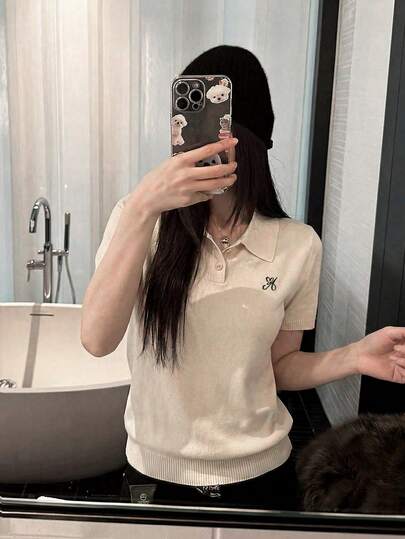 女士短袖针织Polo衫，春夏款 | 韩式刺绣字母套头衫，休闲百搭，适合日常通勤或周末穿着