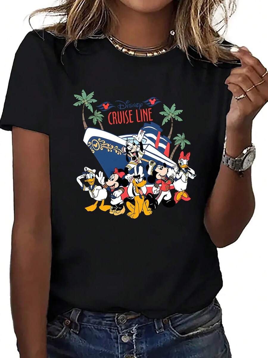 Loose Fit Disney Cruise Mickey Mouse Companion Collection Printed T-Shirt, Suitable For Summer And Spring, Short Sleeved Tops, Women's Clothing, Holiday Gift Party Clothing. - màu đen - Xem 1