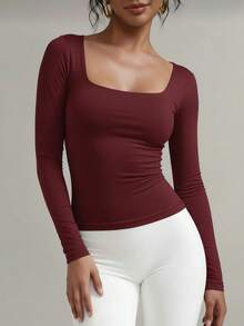Women's Second Skin Blouse, Long Sleeve, Square Neck, Soft Supplex Fabric, Lined, Elastic, Premium Style, Casual, Elegant, Versatile, - Màu Đỏ Sâu - Xem 2