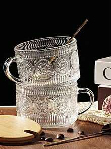 2pcs Vintage Coffee/Tea Cups, Sunflower Embossed Glass Mugs With Handles, Suitable For Cappuccino, Latte, Cereal, Yogurt, Hot/Cold Beverages, Milk (With Spoons) - Multicolor - View 4