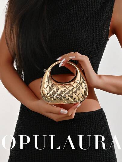 OpulAura 1pc New Mini Metal Shell Handbag, Fashionable Personalized Crossbody Bag, Electroplated Gold Cute Coin Purse, Earphone Case, Cosmetic Lipstick Jewelry Pouch With Metal Chain, Stylish Gift For Women, Futuristic Metallic Color Ladies Bag, Elegant Faux Pearl Bag, Exquisite Shell Bag, Suitable For Parties, Weddings, Galas And Formal Occasions, Matching With Wedding Dress, Formal Attire, Graduation Gown, Birthday Outfit And Women's Party Wear, Gold Bag