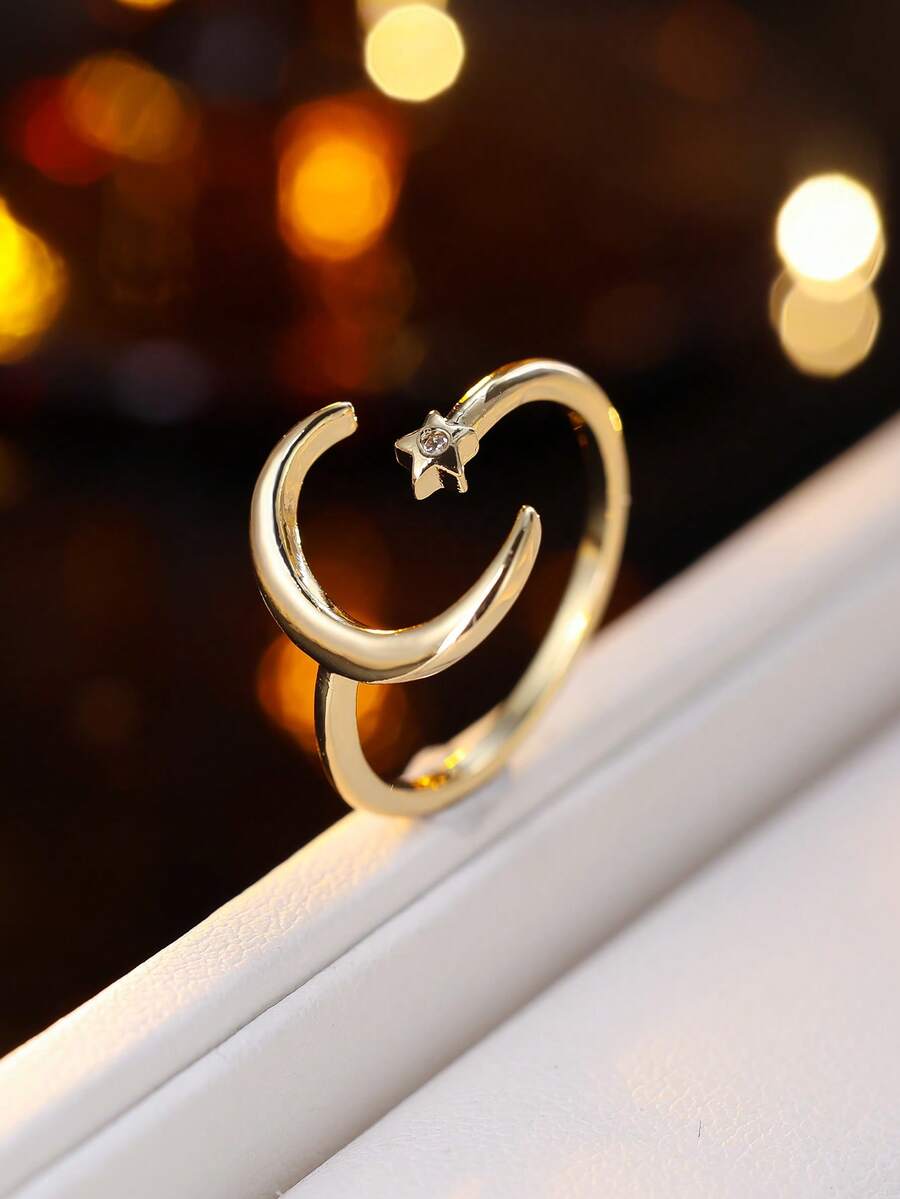 1pc Luxury Star & Moon Design Open Ring, Niche Aesthetic, Elegant Finger Ring Jewelry, Suitable For Daily Wear & Gift - Open Ring - View 1