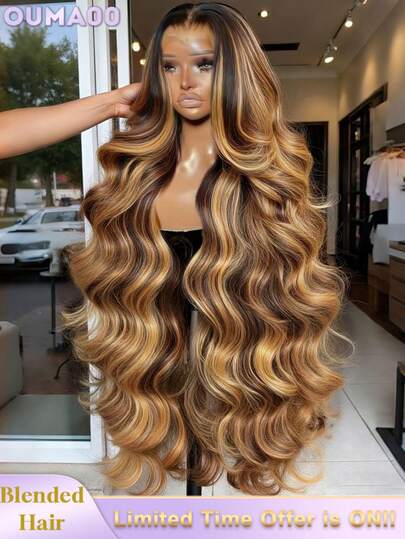 200%高密度水波纹假发 - 13x6 13x4HD透明蕾丝前额真人发混纺，预先拔毛，带有婴儿发和自然发际线，女士无胶前额假发，自然黑色，超蓬松卷发，无需胶水，即戴即用