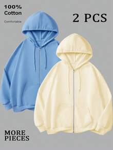 Sudadera con capucha con cremallera para hombres, de algodón puro y cómoda, de corte holgado, casual y versátil para uso diario/al aire libre/vacaciones, conjunto de 2 piezas en múltiples colores - Azul cielo + beige - Ver 2