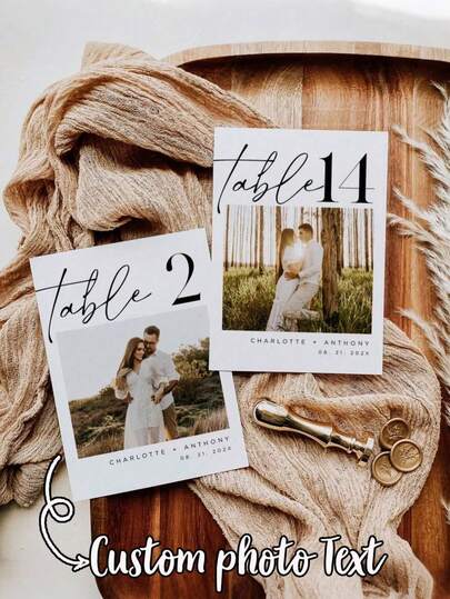 1/10/30/50pcs Personalized Floral Photo Table Number Cards, Customized Wedding Photo Table Numbers, Modern Boho Style Wedding Table Numbers, Customizable Text Wedding Photo Table Cards (With Wedding Logo), Party Table Numbers, Wedding Supplies, Wedding Decor, Home Decor, Room Decor, Party Favors, Bridal Shower Graduation Birthday Decor, Bachelorette Party Decor