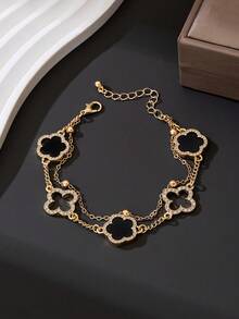 1 chiếc vòng tay hai lớp hình cỏ bốn lá rỗng, sang trọng, đính đá lấp lánh, thiết kế độc đáo (Do cắt thủ công, số lượng hạt trên dây có thể thay đổi, nhưng chiều dài cuối cùng vẫn giữ nguyên). - màu đen - Xem 1