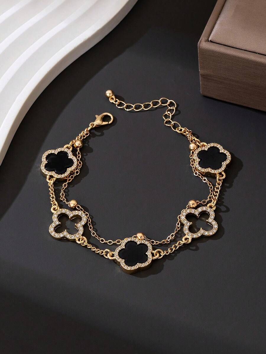 1 chiếc vòng tay hai lớp hình cỏ bốn lá rỗng, sang trọng, đính đá lấp lánh, thiết kế độc đáo (Do cắt thủ công, số lượng hạt trên dây có thể thay đổi, nhưng chiều dài cuối cùng vẫn giữ nguyên). - màu đen - Xem 1