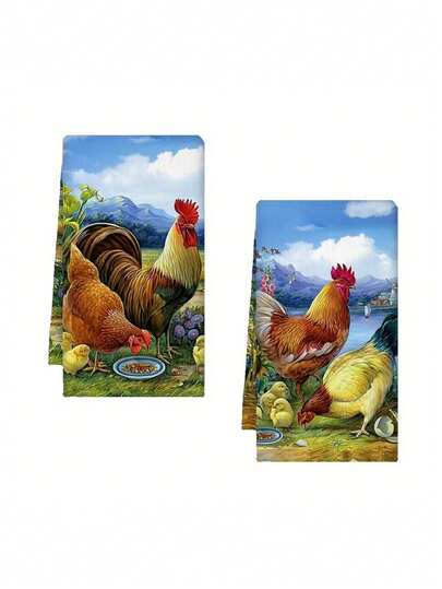 2pcs Fresh Colors Rooster Print Kitchen Towel Set, Rustic Farmhouse Vintage Dish Cloth Hand Towel Decorative Tea Towel, Quick-Dry Hanging Reusable Cleaning Rag For Cooking Baking Housewarming (Rooster Design), Bathroom Kitchen Supplies, (15.7x23.6 Inches) - Suitable For Kitchen Dish Drying, Bathroom Hand Drying, Easter Decorations, Spring Family Gatherings, Afternoon Tea Settings, Festive Hosting