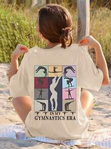 Retro Gymnastics Themed Graphic Tween Girls Oversized Short Sleeve T-Shirt, Casual Street Style Top For Spring/Summer, Suitable For Outdoor Activities And Play, Easy Care - Apricot - View 2