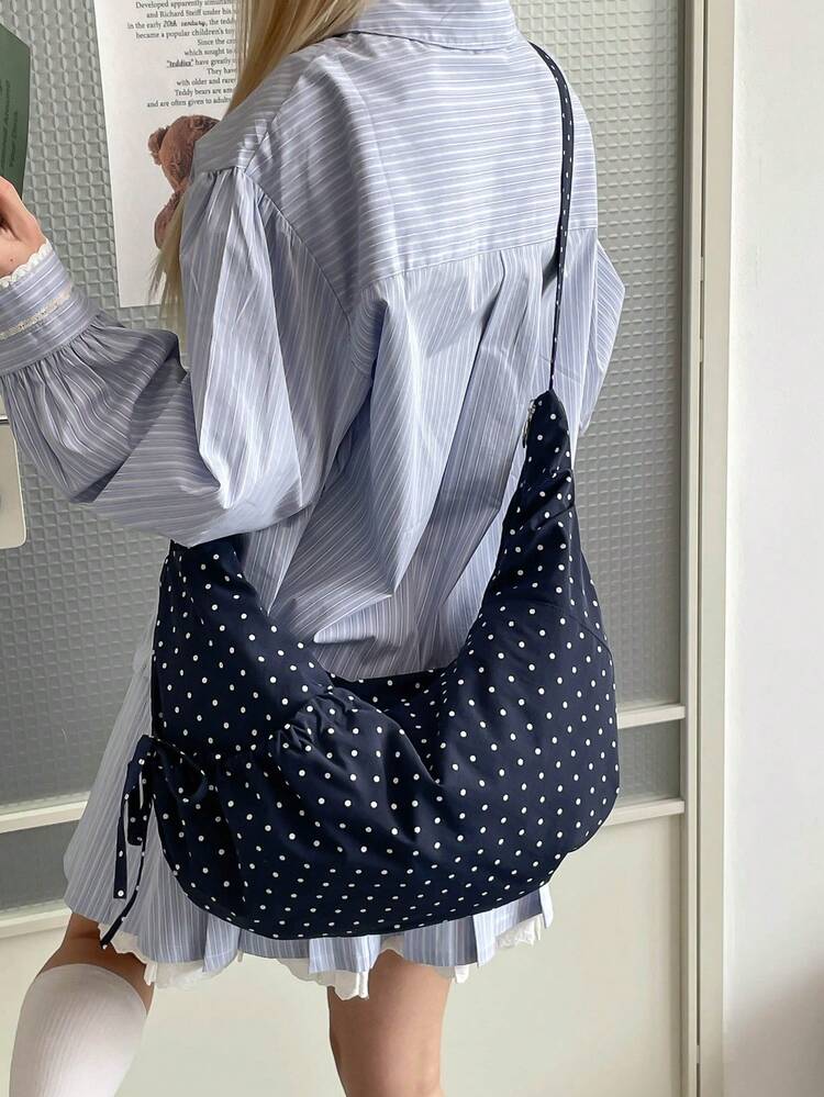 Bolso de hombro con estampado de lunares azul marino estilo japonés chic, bolso cruzado con cierre de cremallera y lazo plisado de moda, bolso plegable ligero para la escuela/universidad/uso casual, estilo relajado de media luna - Multicolor - Añade 10