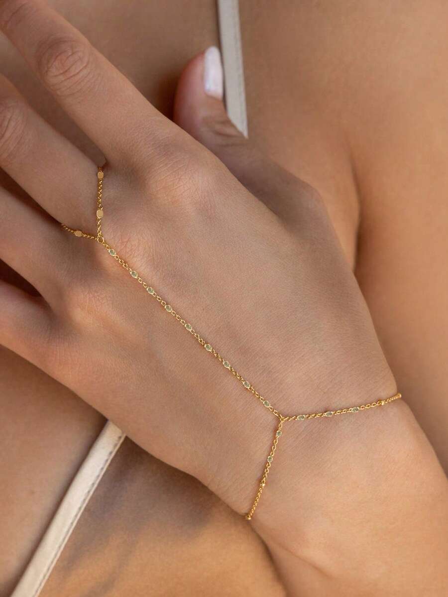 1pc S925 Sterling Silver Fashion Beach Chain Ring Bracelet Combo, Minimalist Jewelry Accessory - Gold - View 1