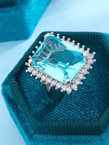 奢华花卉四爪方形浅蓝色几何戒指，女士合成立方氧化锆订婚礼物珠宝 - 白色 - 查看 3