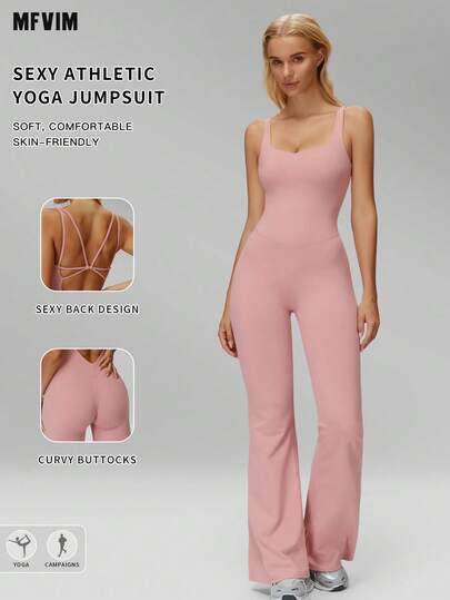  MFVIM Women's Fitted Jumpsuit For Spring/Summer, Cross-Back Wide Leg Jumpsuit, Slim Fit Shaping, Tummy Control, Butt Lifting, Breathable Stretchy Soft Fabric, Casual Sportswear For Daily Commute, Outdoor, Running, Cycling, Yoga, Pilates, Gym Workout