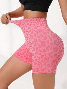 Sport Seamluxe Leopard Scrunch Butt Tummy Control Sports Biker Shorts Stretchy Shorts - Pink - View 5