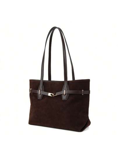 1 Piece Of Large-Capacity Coffee-Colored Minimalist Fashion Women's Shoulder Bag. A Women's Handbag With A Wide Opening And Large Capacity That Can Hold A Tablet. An Underarm Bag With A Belt Buckle Decoration In The Middle Of The Bag Body. A Large Square Bag With A Magnetic Clasp Closure, A Commuter Tote Bag. Suitable For Dates, Travel, Work, School, Shopping, Outdoor Sports, And Can Hold Various Daily Necessities, Cosmetics, Etc.