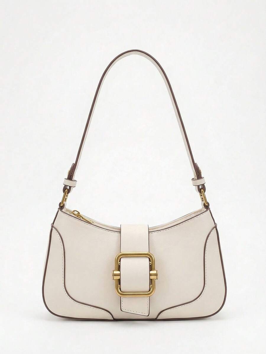Minimalist Old Money Style Shoulder Bag With Retro Buckle - Beige - View 1