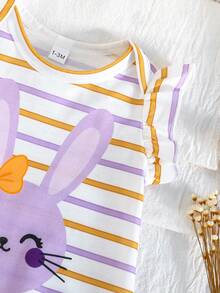 2pcs/Set Newborn Baby Girls Cute Rabbit Pattern Romper & Striped Jumpsuit, Infant Daily Wear - Purple - View 9