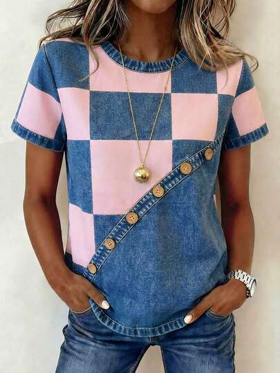 Women's Summer Casual Loose Fit Printed Contrast Color Blouse, Suitable For Holiday, Beach, Everyday Wear, Plus Size Short Sleeve T-Shirt