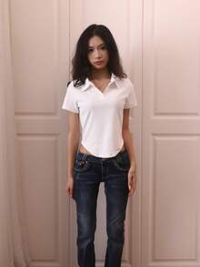 Women's Casual Short Sleeve White Polo Shirt, Asymmetric Hem, High Stretch Fabric, Fitted Sexy Style Crop Top, Suitable For Leisure & Daily Wear Summer - White - View 11