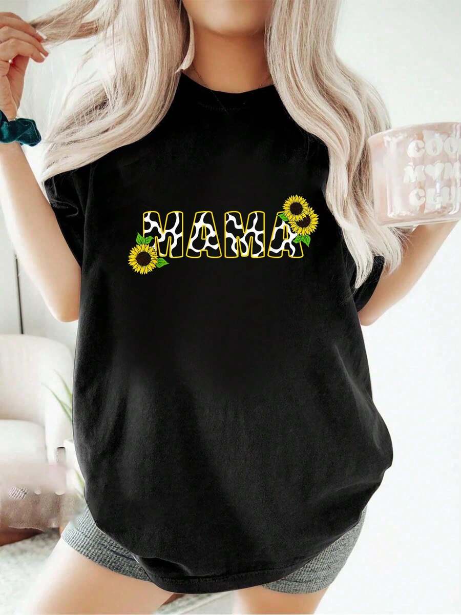Camiseta con estampado de vaca y girasol para el Día de la Madre, camiseta holgada informal de moda para deportes de verano, cuello redondo, manga corta, para mujer - Negro - Ver 1