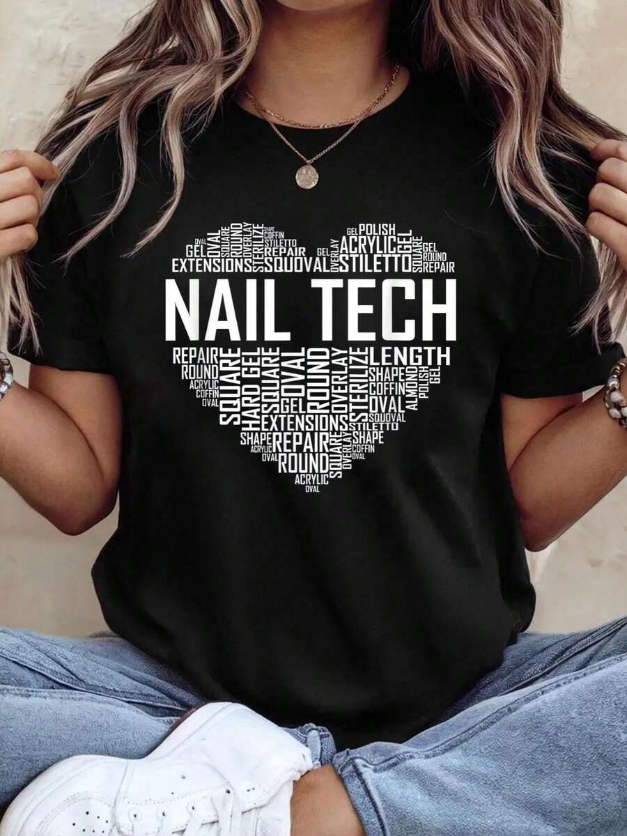 Camiseta de manga corta con estampado gráfico de técnico de uñas con corazón divertido - Negro - Ver 1