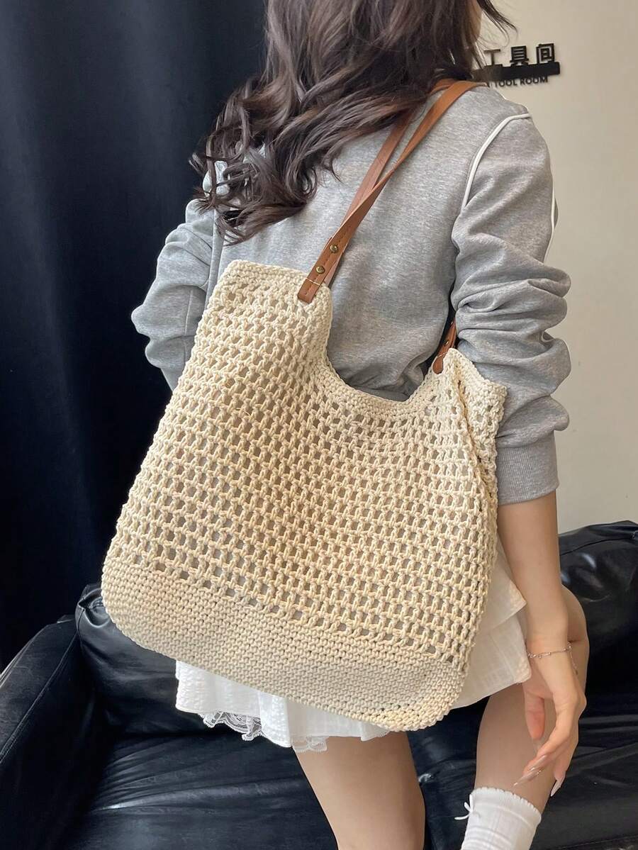 Beach Vacation Bag,Large-Capacity Women's Bag, 2025 New Style, Versatile One-Shoulder Woven Straw Commuter Tote Bag