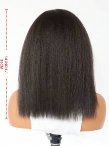 Short 14 Inch Dark Brown Kinky Yaki Straight Lace Front Wig, Afro Texture Synthetic Hair, 5" Deep Side Part, Pre-Plucked Natural Hairline Daily Wear - 黑色 - 查看 5