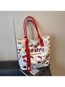 SANRIO Túi tote vải canvas chủ đề Hello Kitty cổ điển, nền màu be với họa tiết hoạt hình đen và đỏ in khắp bề mặt, túi đeo vai dung tích lớn, túi xách tay, đa năng cho đi làm và sử dụng hàng ngày. Thiết kế thời trang và dễ thương dành cho nữ, phù hợp cho công việc hàng ngày, mua sắm, đi chơi, văn phòng, trường học, đi dạo, tụ họp và nhiều hoạt động khác, một phụ kiện cần thiết cho cuộc sống thường nhật đầy phong cách. - Nhiều màu - Xem 9
