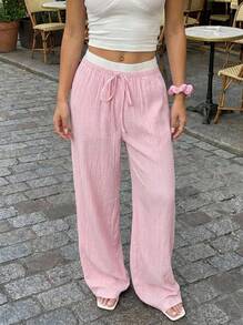 Buzzelle Pantalones anchos de pierna de tejido rosa para mujer, nuevos pantalones casuales rectos de talle alto que estilizan la figura - Rosa Pálido - Ver 1