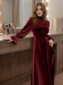 Elegant Party Solid Color Collar Tie Waist Dress Spring - Burgundy - View 3