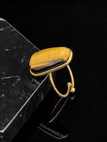 Simple Women's Jewelry Natural Tiger's Eye Stainless Steel 316 Golden Ring Fashion Jewelry Women's Mother's Day Ring - Gold Ring - View 2