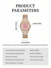 Guess 女士石英表，玫瑰金不锈钢表带，水晶表圈和闪亮表盘，时尚女士正装腕表 GW0405L3 - 粉色 - 查看 9