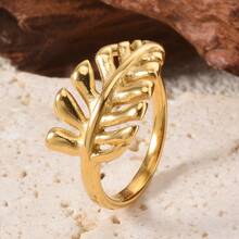 1pc Fashionable Retro 18k Gold-Plated Three-Dimensional Leaf Open Ring For Women Daily Party Gifts - Gold - View 3