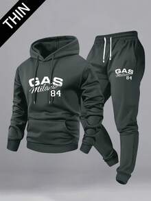 Men's Thin Letter Graphic Print Hoodie And Drawstring Waist Pants Set, Casual Outfit For Spring/Autumn, Suitable For Outdoor Activities, Travel And Relaxation, Great Gift For Husband Or Boyfriend Sports - Dark Grey - View 1