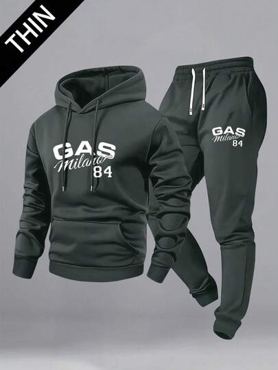 Set di felpa con cappuccio e pantaloni con coulisse, con grafica a lettere sottile, outfit casual per primavera/autunno, adatto per attività all'aperto, viaggi e relax, ottimo regalo per marito o fidanzato