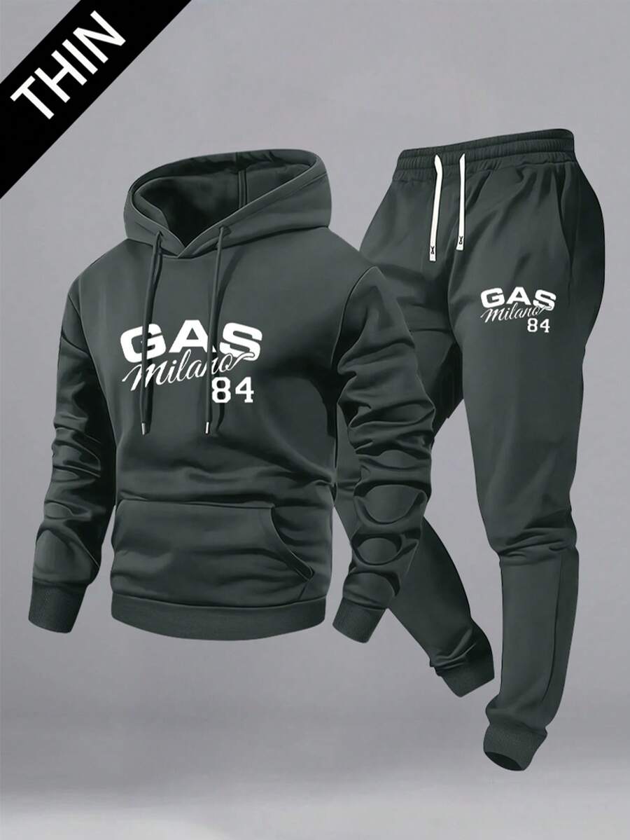 Men's Thin Letter Graphic Print Hoodie And Drawstring Waist Pants Set, Casual Outfit For Spring/Autumn, Suitable For Outdoor Activities, Travel And Relaxation, Great Gift For Husband Or Boyfriend Sports - Dark Grey - View 1