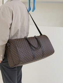 1个休闲商务大容量通用印花PU皮革拉链双提手可调节肩带时尚旅行包，男女皆宜，适合度假、商务旅行、上学、行李箱包、手提包、旅行包，大容量，耐用，夏季度假必备，旅行用品，旅行配件 - 棕色 - 查看 4