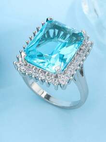 奢华花卉四爪方形浅蓝色几何戒指，女士合成立方氧化锆订婚礼物珠宝 - 白色 - 查看 5
