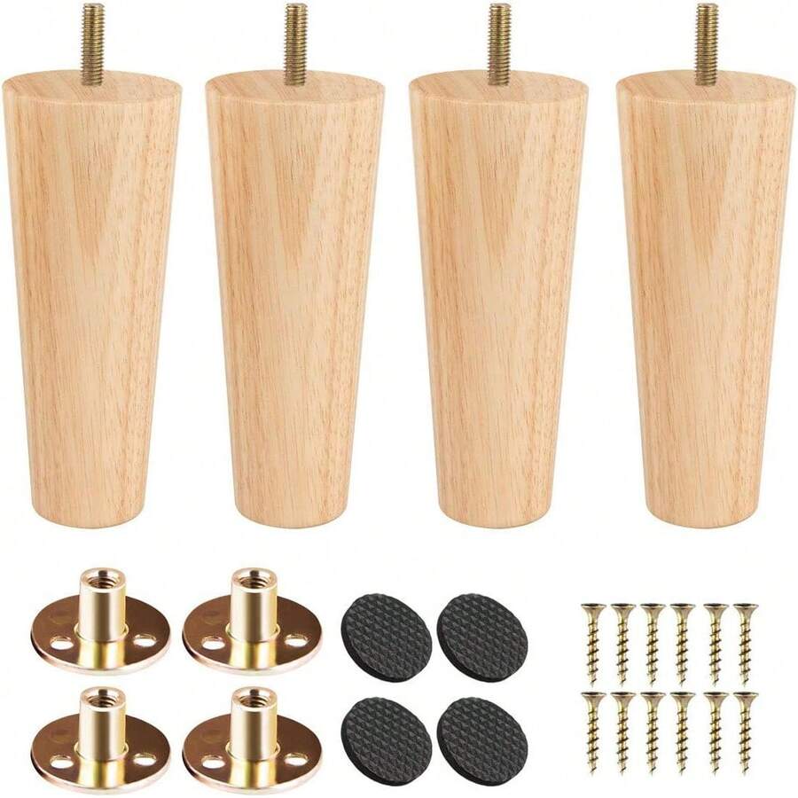 4Pcs Wooden Furniture Legs, Mid-Century Modern Style Replacement Furniture Feet For Sofa, Armchair, Cabinet, TV Stand, With Hanger Bolts, Mounting Plates & Screws, Sturdy Wood Furniture Legs Ideal For Furniture Repair & DIY Projects - Màu gỗ tự nhiên - Xem 1