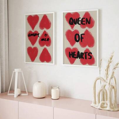 1/2 יחידות מלכת הלבבות טיפוגרפיה מודגשת אמנות קיר לב אדום משיכת מכחול הדפס ציורי בד עיצוב מודרני, רקע בז' ניטרלי עם אותיות שחורות עיצוב קיר עכשווי לחדר שינה ומעונות, פוסטר בנושא אהבה והעצמה ללא מסגרת או מסגרת