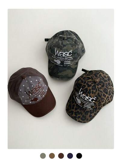 Unisex Vintage Letter Embroidered Contrast Color Baseball Cap, Streetwear Curved Brim Snapback Hat, Camo/Leopard Print/Letter Embroidery, Sun Protection Star Pattern Baseball Cap For Men And Women