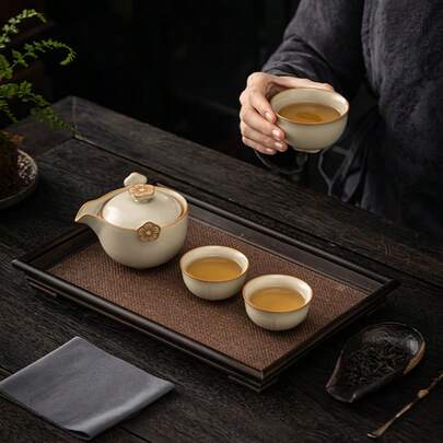 Beige Ru Kiln Travel Tea Set, 1 Teapot & 3 Cups, Portable Kung Fu Tea Set, Gift For Clients